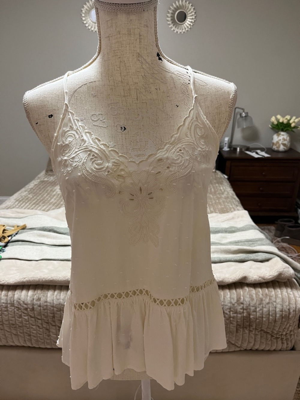Spaghetti strap ivory ruffle bottom top - size small